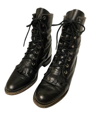 Justin Boots Black Leather Lace-Up Kiltie Roper Boots 5 Western Modern Cowgirl